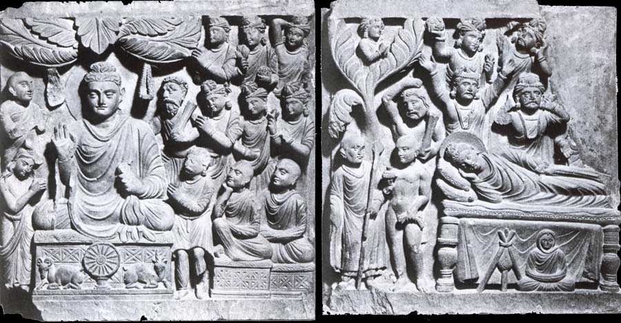 unknow artist Relief from Gandhara with the-first preaching in first preaching in the deer camp-and the death of Buddha, Kushana.